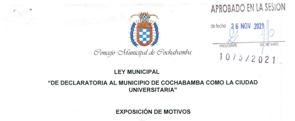 Ley municipal "DE DECLARATORIA AL MUNICIPIO DE COCHABAMBA COMO LA CIUDAD UNIVERSITARIA"